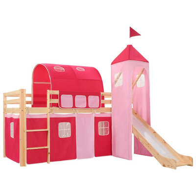 Children's Loft Bed Frame with Slide & Ladder Pinewood 208x230cm Princess Theme