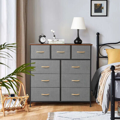 Grey 9 Drawers Chest of Drawers Bedroom Storage Cabinet Fabric Organizer Unit