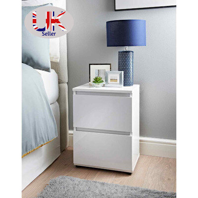 White High Gloss 2 Drawer Bedside Table Lamp Nightstand White Bedroom