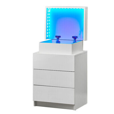 Bedside Table Cabinet LED Side End Table LED White High Gloss Living Room