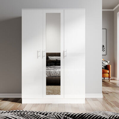 3 Door Triple Mirrored Wardrobe White High Gloss with Hanging Rail & Shelves