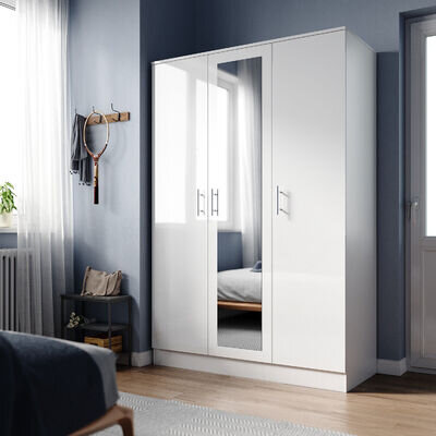 White High Gloss 3 Door Triple Mirrored Wardrobe with Hanging Rail & Shelves