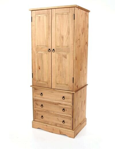 2 Door Wardrobe With 3 Drawers Tall Solid Pine Bedroom Storage Hanging Bar