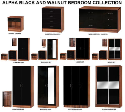 Black Gloss & Walnut Bedroom Furniture Units & Sets | Wardrobe Chest Bedside