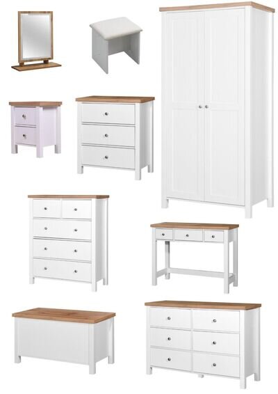 Bedroom Set Wardrobe Dressing Table Stool Mirror Chest Bedside Cabinet White Oak