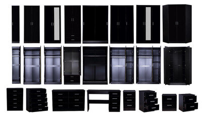 REFLECT High Gloss Black / Black Oak - Bedroom Furniture Wardrobe Chest Bedside