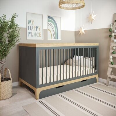 Grey and Wood Convertible Cot Bed with Drawer Storage - Rue RUE004