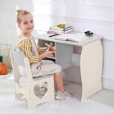 Wooden Kids Desk and Chair Set Children Study Writing Table Stool& Storage Shelf