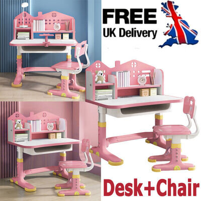 Kids Functional Desk and Chair Set Height Adjustable Children Study Desk, Pink