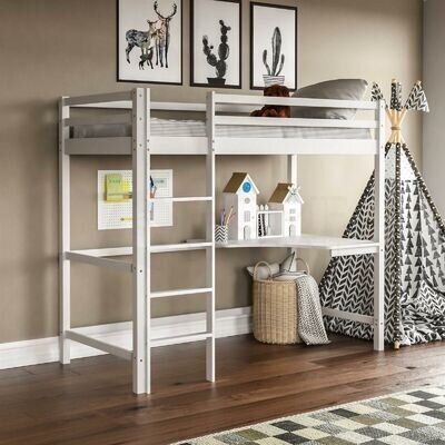 High Sleeper Bunk Bed Loft Cabin Bed Pine Wood Frame Desk Kids Single 3FT White