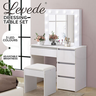 Levede Dressing Table Vanity Set Stool Makeup LEDs Mirror Jewellery Organizer