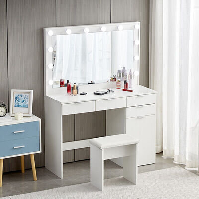 White Dressing Table Set LED Lights Mirror Bedroom Makeup Table with 4 Drawers