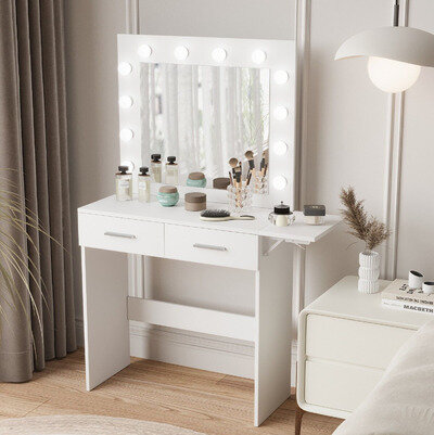 Modern Dressing Table Dimmable LED Bulb Mirror Vanity Desk with Side Panel White