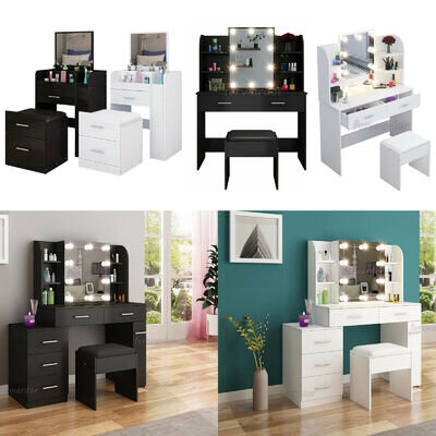 Dressing Table w/ LED Mirror Modern Makeup Organizer Desk Vanity Table Stool Set