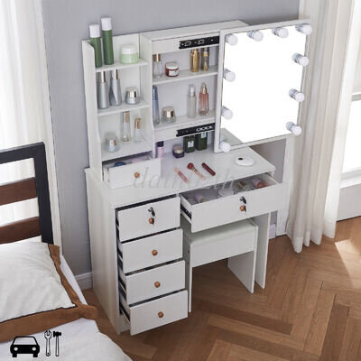 Dressing Table LED Makeup Desk 5 Drawers with Lights Sliding Mirror Stool White