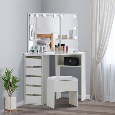 Corner Dressing Table with LED Lights 3 Mirrors 5 Drawers White with Stool