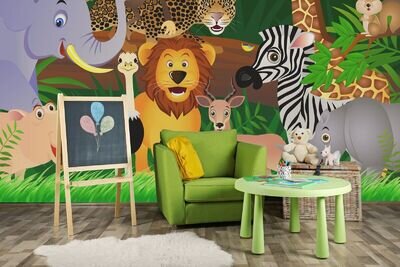 Kids bedroom Wall Mural WALLPAPER nursery decor jungle animals green cartoon