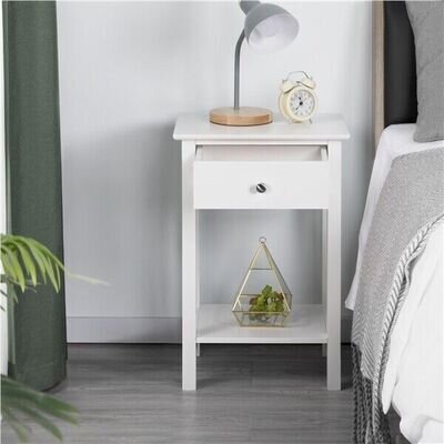 White Bedside Table Wooden End Table Storage Cabinet with Drawer & Shelf Used