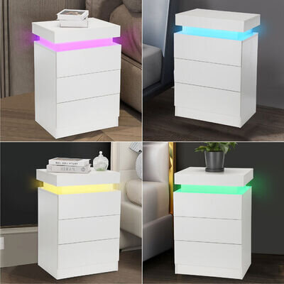 2/3 Drawers High Gloss Front Bedside Table Cabinet LED Nightstand White