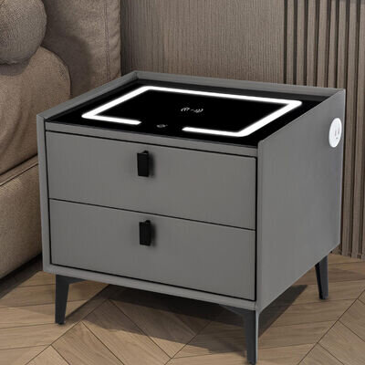 2 Drawers LED Bedside Table Wireless Charging Nightstand Bedside Cabinet Modern