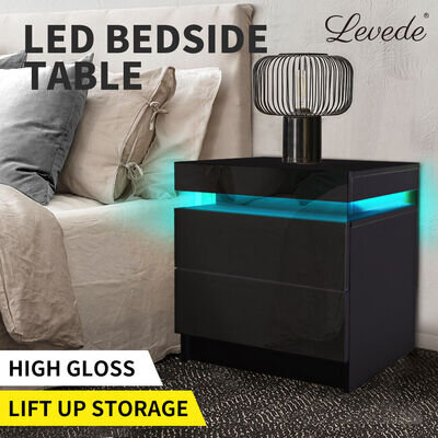 Levede Bedside Tables Side Table 2 Drawers RGB LED High Gloss Nightstand Cabinet