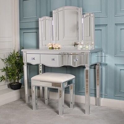 Silver Mirrored Dressing Table Mirror Stool Set Bedroom Furniture Storage Home