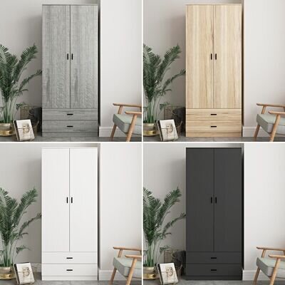 Tall Wooden 2 Door Wardrobe With 2 Drawers Bedroom Storage Hanging Bar Clothes