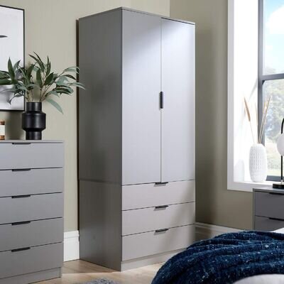 Wardrobe 2 Door 3 Drawers Grey Bedroom Home Furniture Clothing Storage Shelf