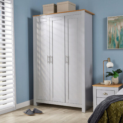 Wardrobe 3 Door Bedroom Furniture Clothing Storage Grey Oak Top Wood Nightstand