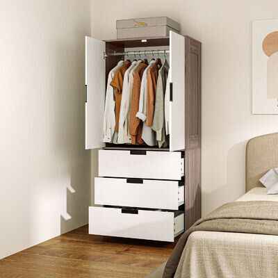 2 Door Wardrobe Modern Wardrobe with 3 Drawer and Hanging Rod for Bedroom Brown