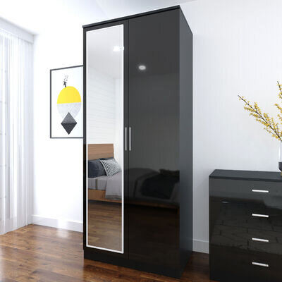 2 Door High Gloss Wardrobe Black Bedroom Set Furniture Storage with Hanging Rail