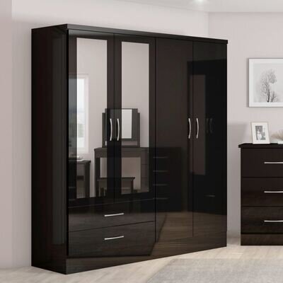 Nevada Black Gloss 4 Door 2 Drawer Mirrored Wardrobe Bedroom Furniture