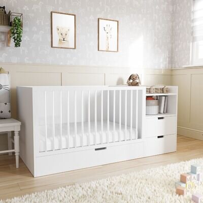White Convertible Cot Bed with Drawer and Changer - Roscoe RSC001A