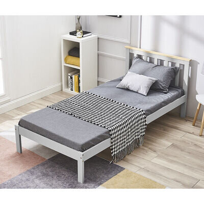 Single Bed Frame 3FT Solid Pine Wood Bed Kids, Teenager,White, 90 * 190cm