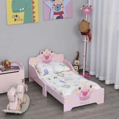 Kids Wooden Princess Crown & Flower Single Bed w/ Safety Side Rails Slats Pink