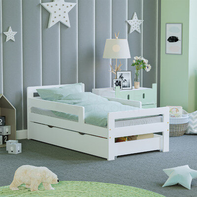 White Toddler Wood Bed Frame Childrens Kids Junior Bedroom Bedframe With Storage