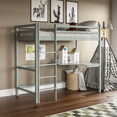High Sleeper Bunk Bed Loft Cabin Bed Pine Wood Frame Desk Kids Single 3FT Grey