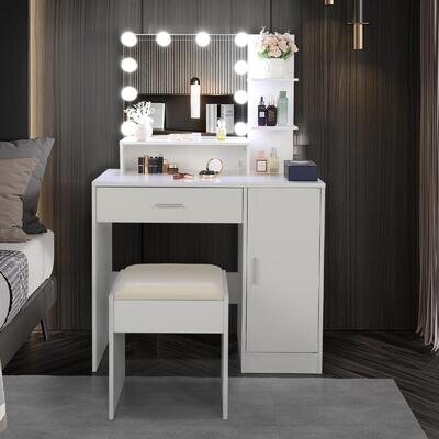 LED Mirror Dressing Table Vanity Set with Stool Storage Cabinet Drawer Shelf