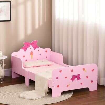 Princess-Themed Kids Toddler Bed w/ Cute Patterns Safety Rails - Pink Age 3-6