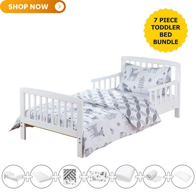 7 piece Woodland Theme Toddler Bed and Mattress With Bedding Set and Side Rails