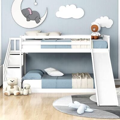 3ft Bunk Bed with Stairs and Slide, Solid Pine Wood Frame, Children Bed White