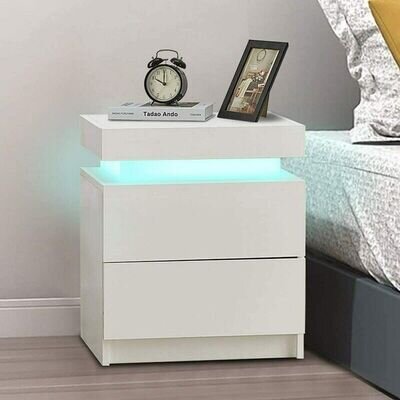 Bedside Table Cabinet 2 Drawers LED High Gloss Front Nightstand Storage Unit
