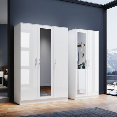 White High Gloss 2/3 Door Wardrobe with Hanging Rails Bedroom Furniture 2 Set