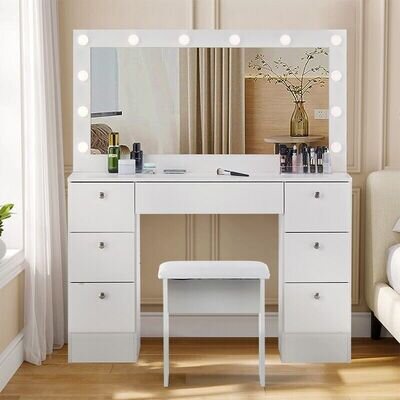 White Dressing VanityTable Wood Makeup Desk with LED Mirror 7 Drawers Stool