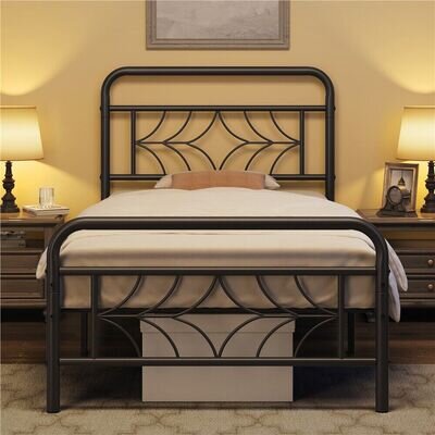 Bed Frame Metal Platform Bed w/ Sparkling Star-Inspired Design Headboard/Storage