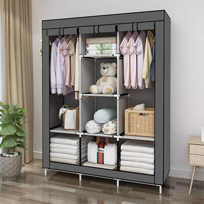 LARGE FABRIC CANVAS WARDROBE WITH HANGING RAIL SHELVING CLOTHES STORAGE CUPBOARD