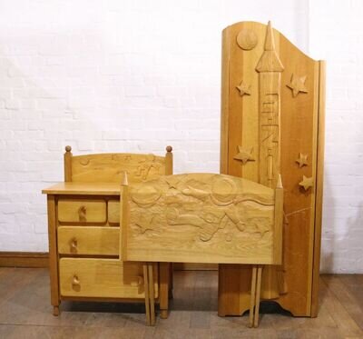 Childrens 3 piece oak bedroom suite - wardrobe drawers and headboard