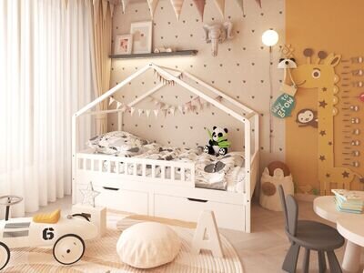 FurnitureHMD White Wooden Kids Bed Frame House Bed with Storage Drawers