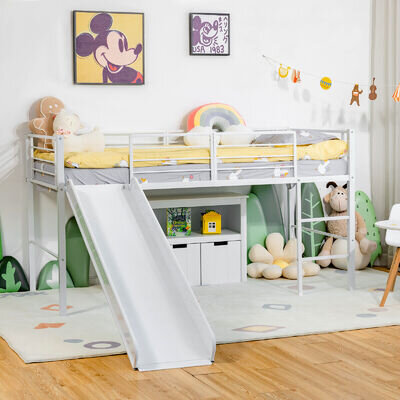 Kids Single Loft Bed Children Mid Sleeper Bunk Bed W/ Slide & Safety Guardrails