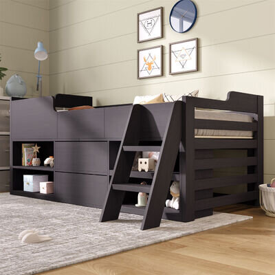 Kids Wooden Cabin Bed Mid Sleeper Bed Frame Storage Bed with Drawers and Shelves